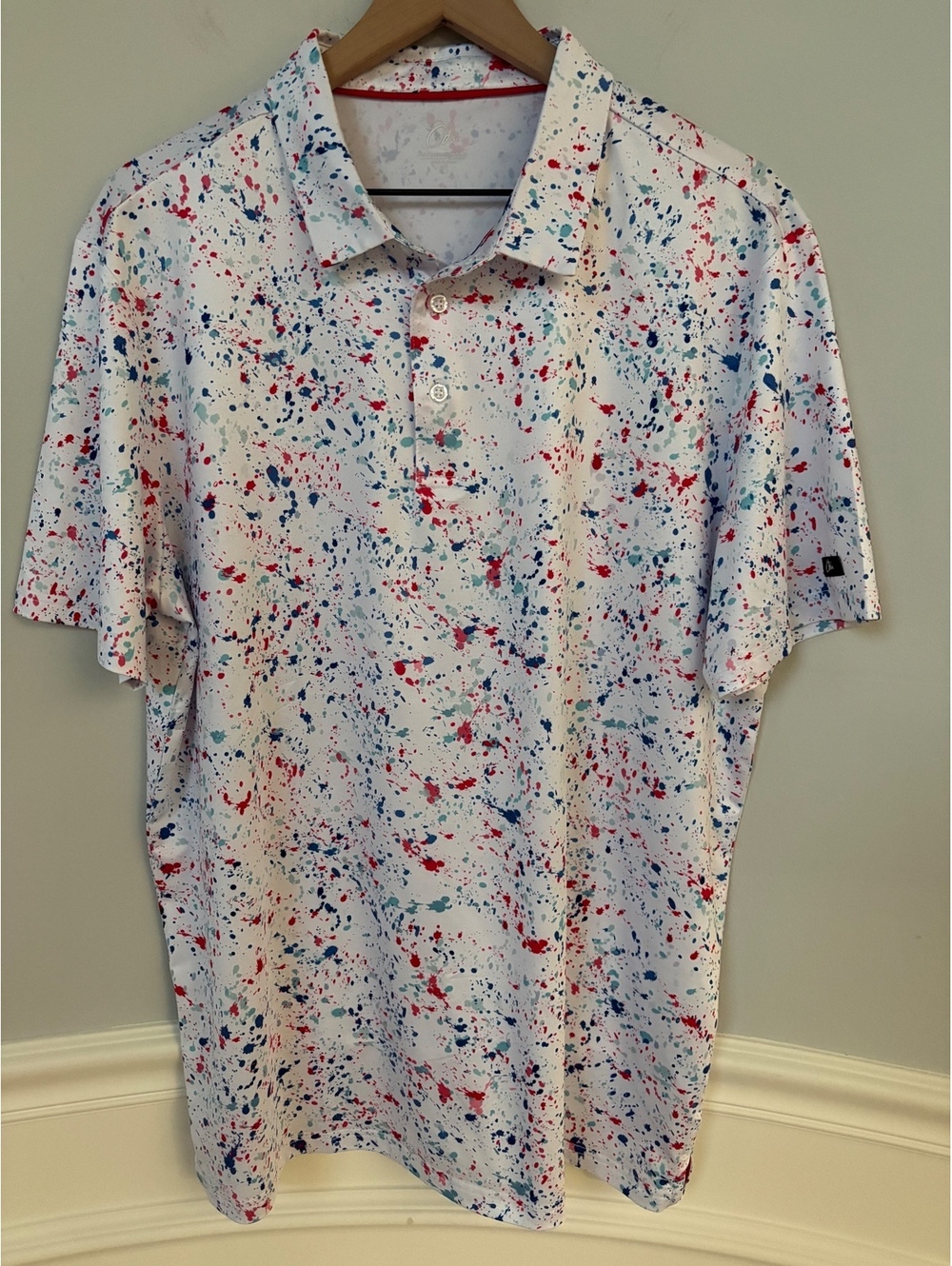 Obla Performance Polo Shirt Large White with Multicolor Paint Splatter Pattern L